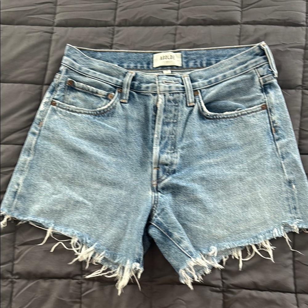 Agolde Parker Long Short -Blue Distressed Jean Shorts